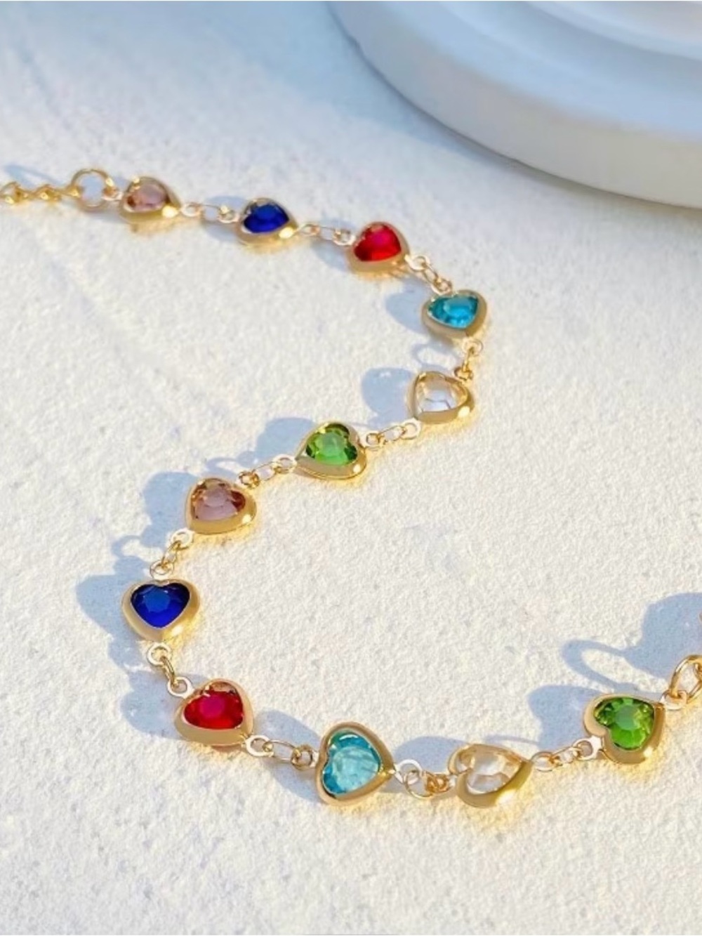 Silver Heart Link Bracelet with Multicolor Gem Hearts